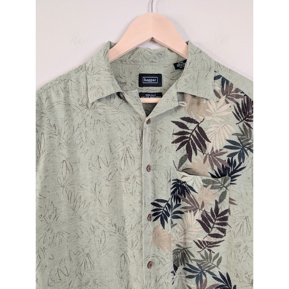 Haggar Mens S Sage Green 100% Silk Tropical Leaf Short Sleeve Button Up Shirt